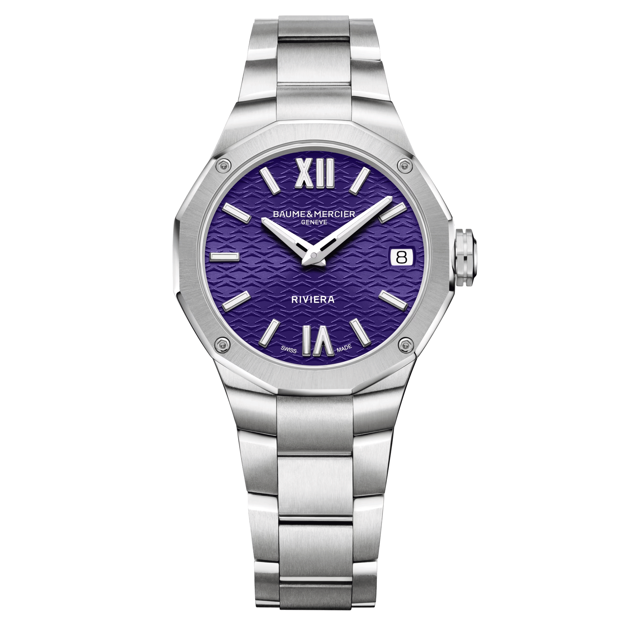 Baume et Mercier Riviera quartz watch violet dial steel bracelet 33 mm