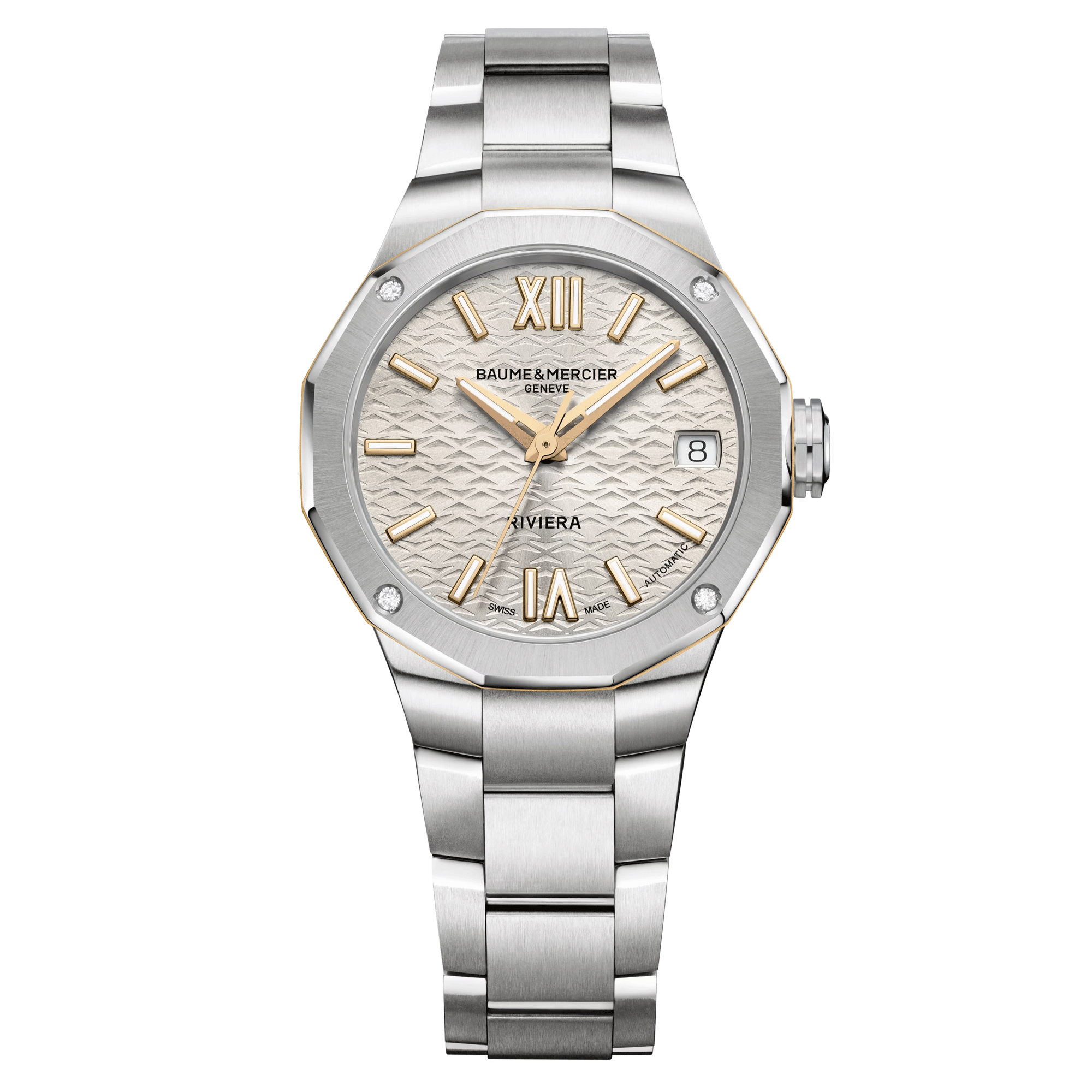 Baume et Mercier Riviera quartz watch gold dial steel bracelet 33 mm