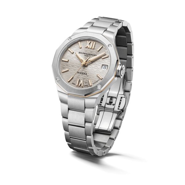 Baume et Mercier Riviera quartz watch gold dial steel bracelet 33 mm