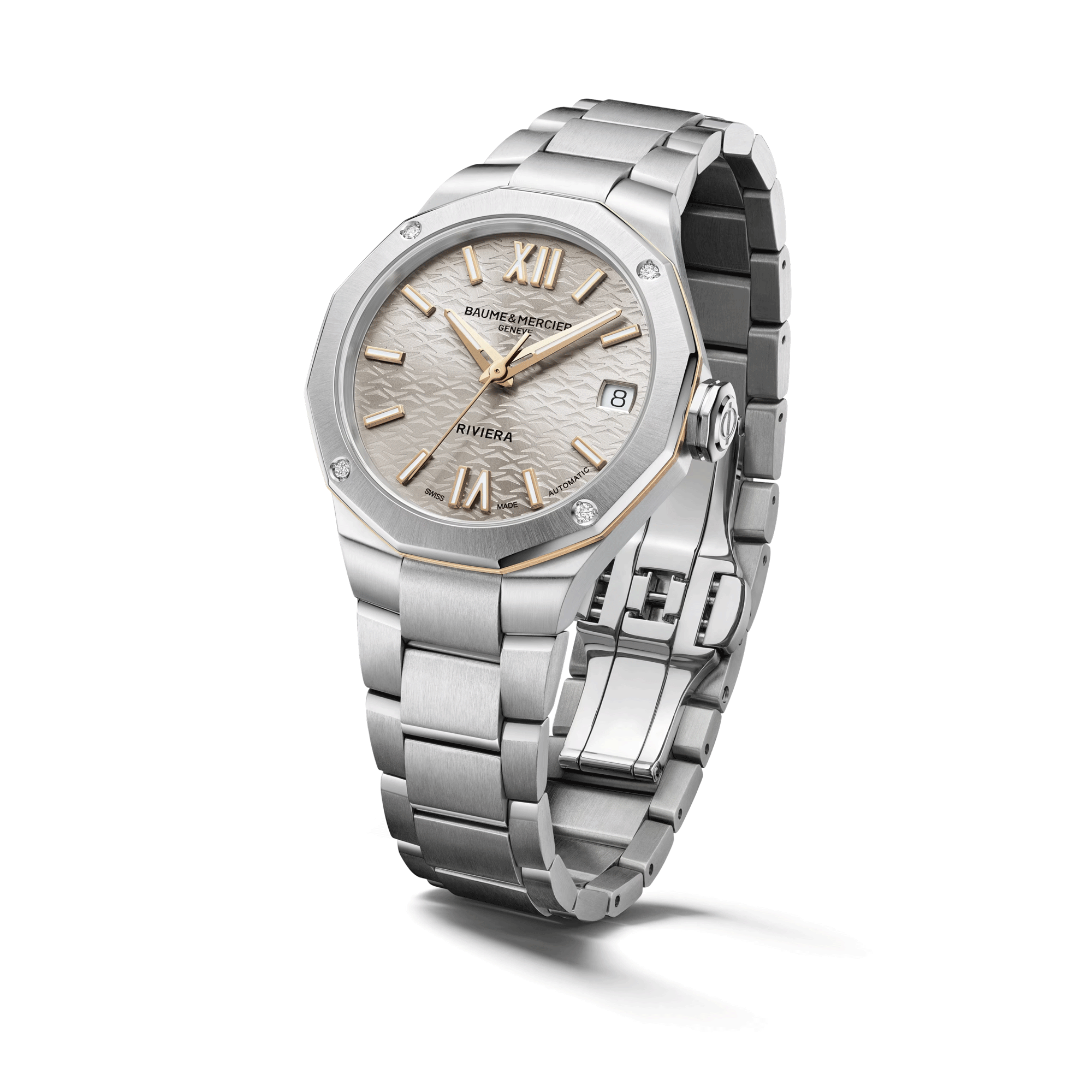 Baume et Mercier Riviera quartz watch gold dial steel bracelet 33 mm