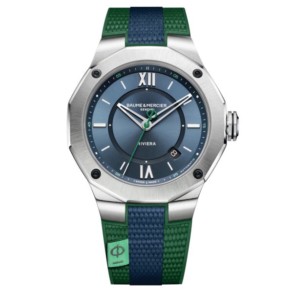 Montre Baume et Mercier Riviera automatique cadran bleu bracelet caoutchouc bleu et vert 42 mm 10688