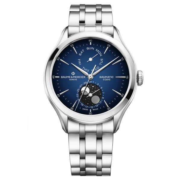 Montre Baume et Mercier Clifton Phase de Lune automatique cadran bleu bracelet acier 42 mm 10725