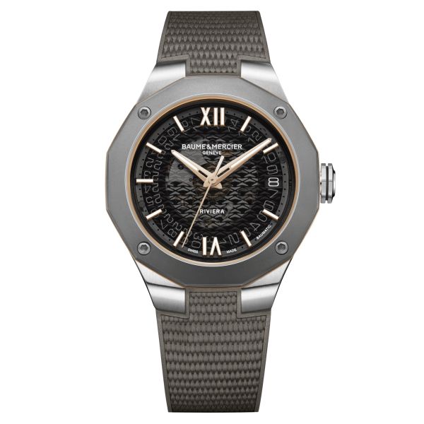 Baume et Mercier Riviera automatic watch titanium bezel black dial grey rubber strap 39 mm 10720