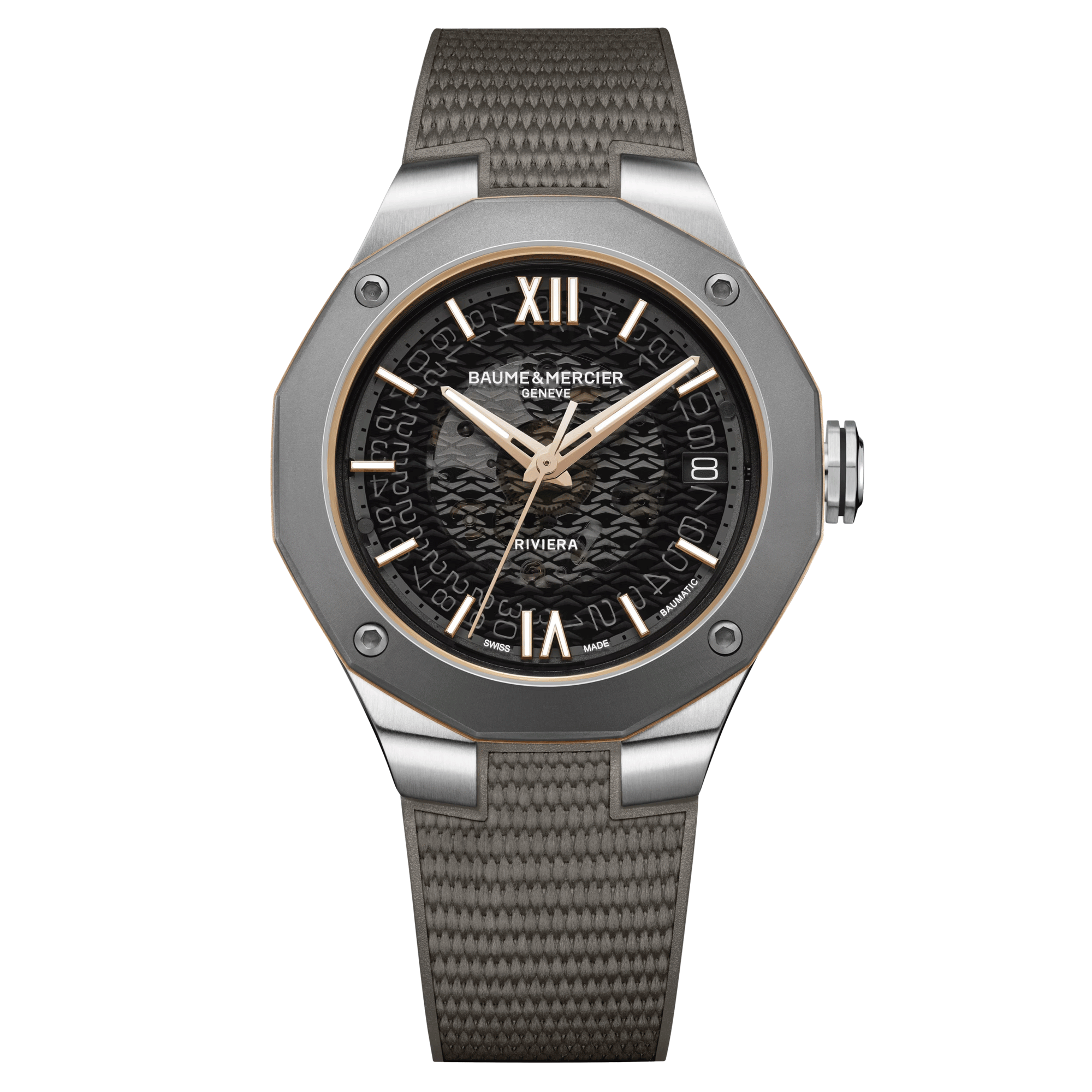 Baume et Mercier Riviera automatic watch titanium bezel black dial grey rubber strap 39 mm 10720