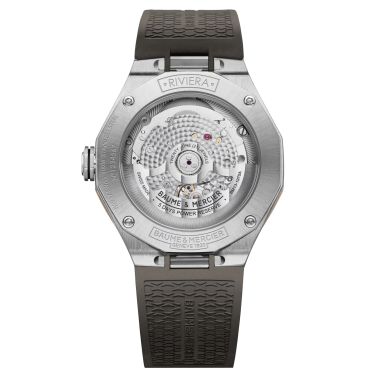 Baume et Mercier Riviera automatic watch titanium bezel black dial grey rubber strap 39 mm 10720