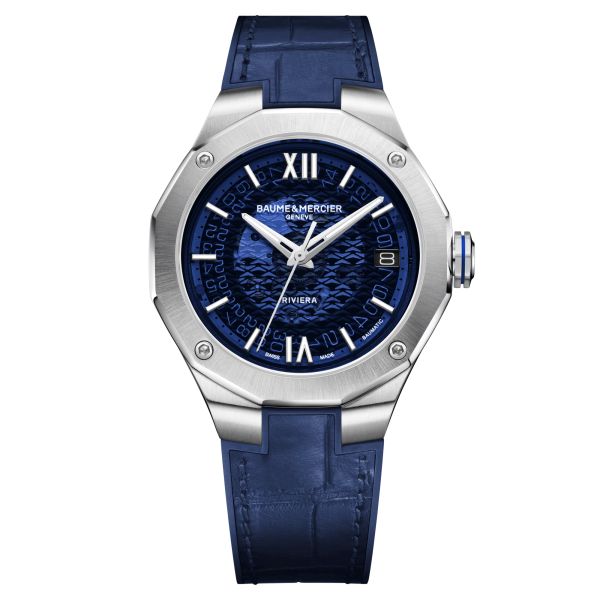 Baume et Mercier Riviera automatic watch blue dial blue leather strap 39 mm 10714