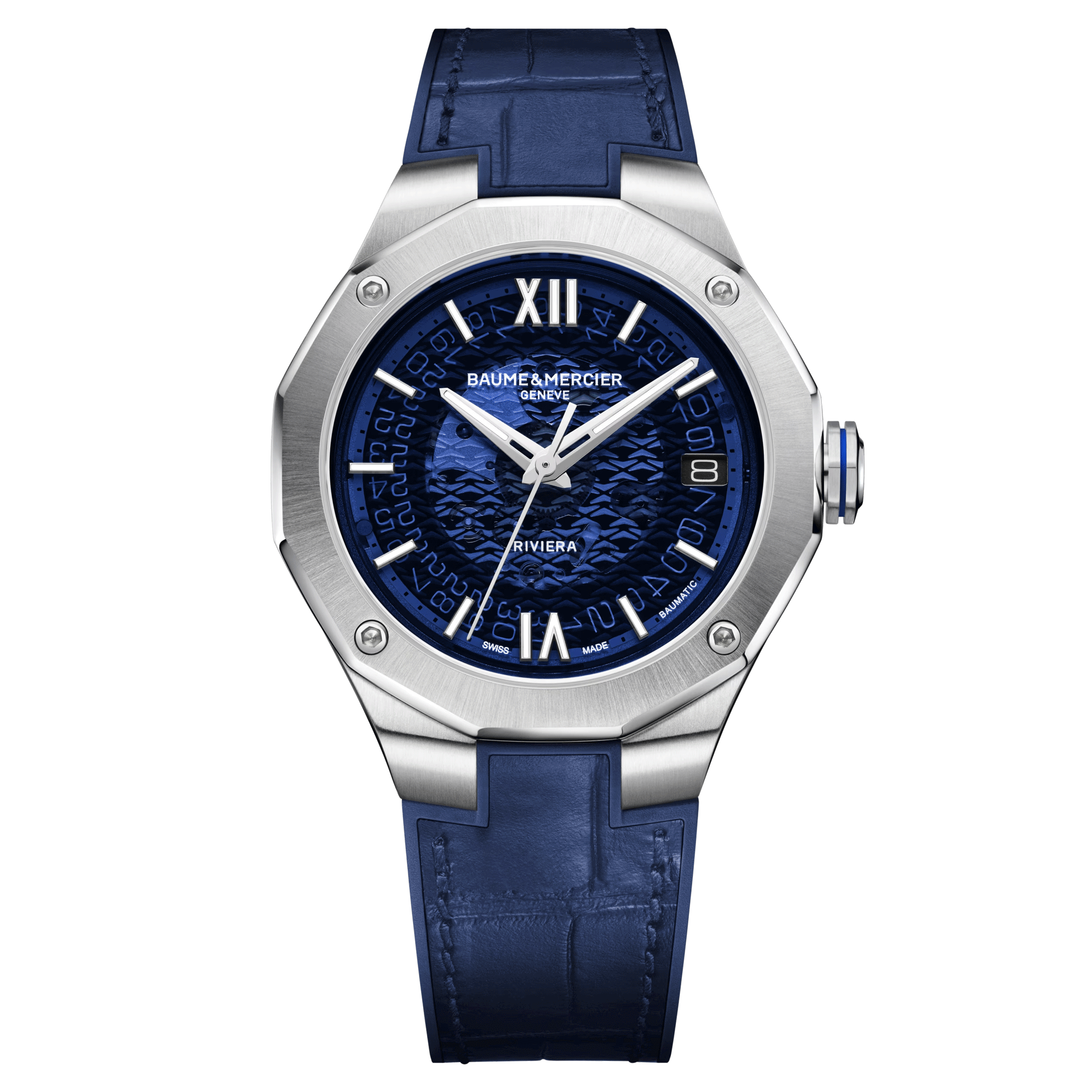 Montre Baume et Mercier Riviera automatique cadran bleu bracelet cuir bleu 39 mm 10714