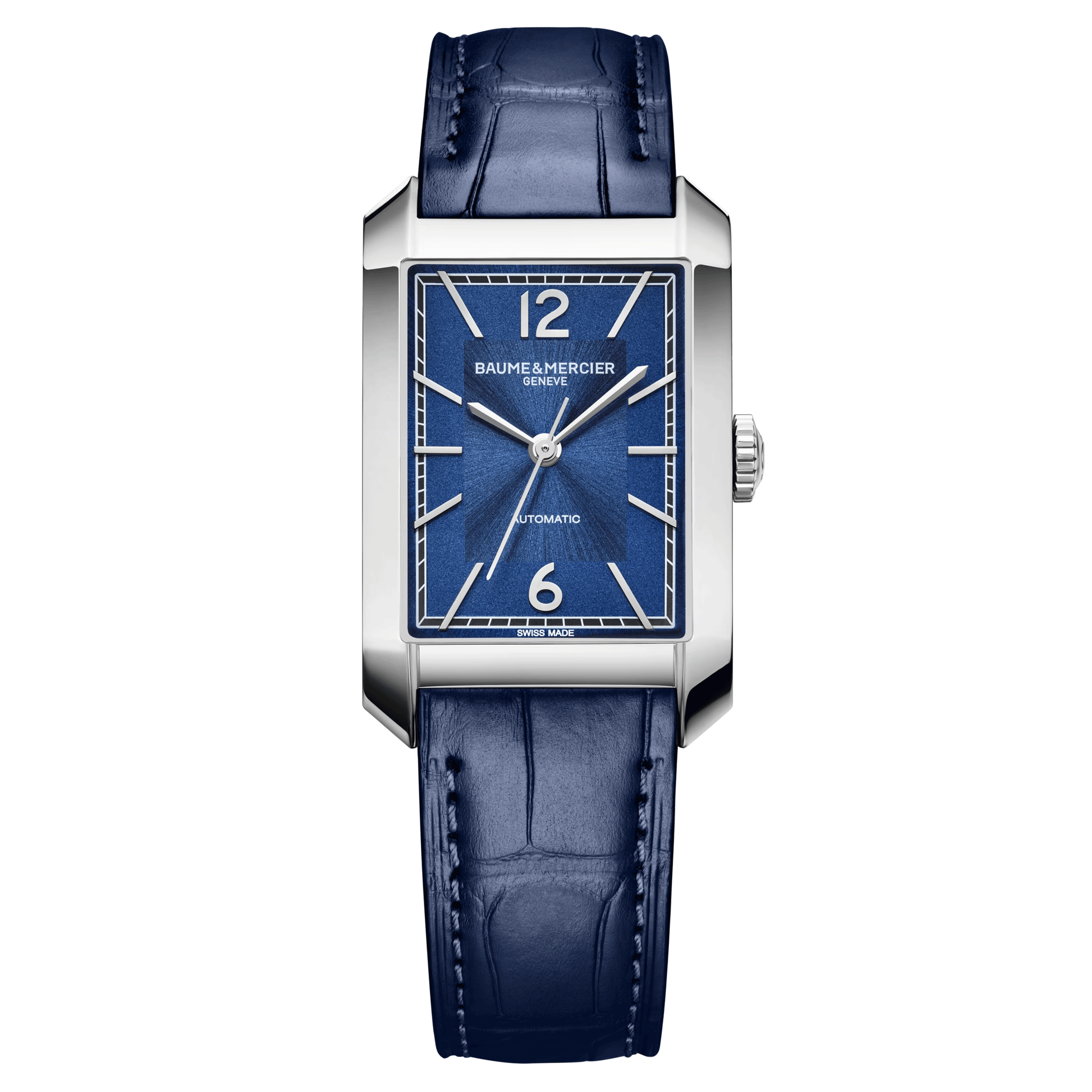 Baume et Mercier Hampton automatic watch blue dial blue leather strap 43 x 27 mm 10732