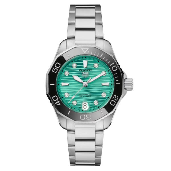TAG Heuer Aquaracer Professional 300 automatic watch with diamond markers green dial steel bracelet 36 mm WBP231K.BA0618