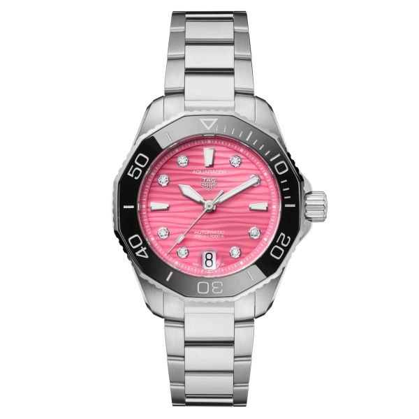 Montre TAG Heuer Aquaracer Professional 300 automatique index diamants cadran rose bracelet acier 36 mm WBP231J.BA0618