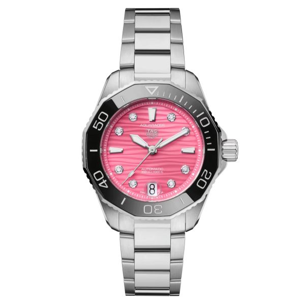 TAG Heuer Aquaracer Professional 300 automatic watch with diamond markers pink dial steel bracelet 36 mm WBP231J.BA0618