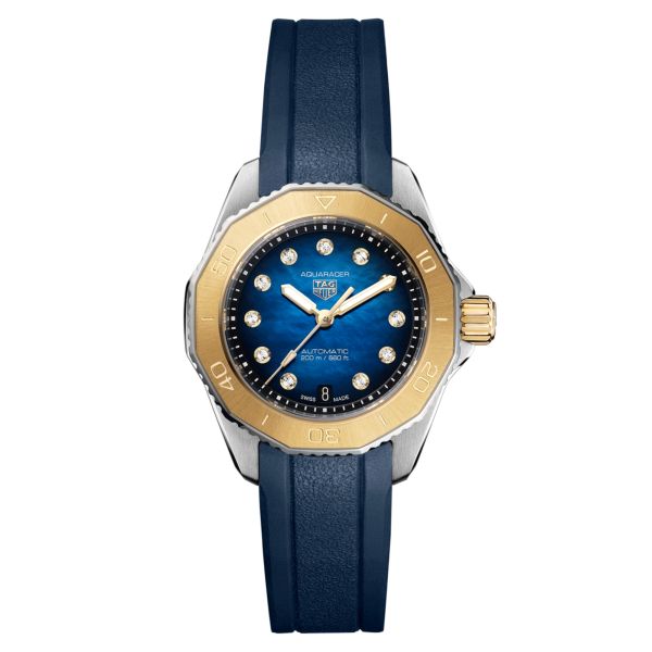 TAG Heuer Aquaracer Professional 200 automatic watch yellow gold bezel blue mother of pearl dial blue rubber strap 30 mm WBP2450