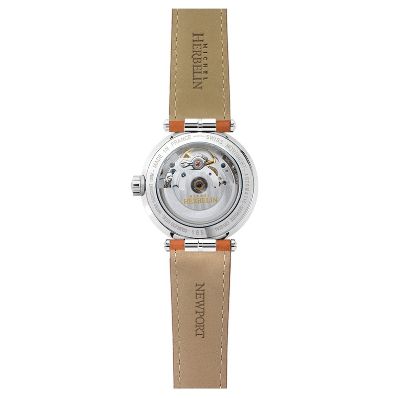 Montre Michel Herbelin Newport automatique cadran nacre bracelet cuir brun 35 mm