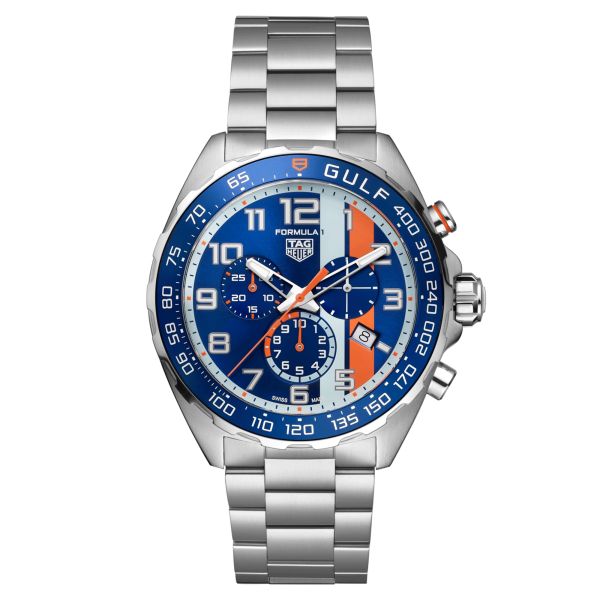 Montre TAG Heuer Formula 1 x Gulf Chronographe quartz cadran bleu bracelet acier 43 mm CAZ101AT.BA0842