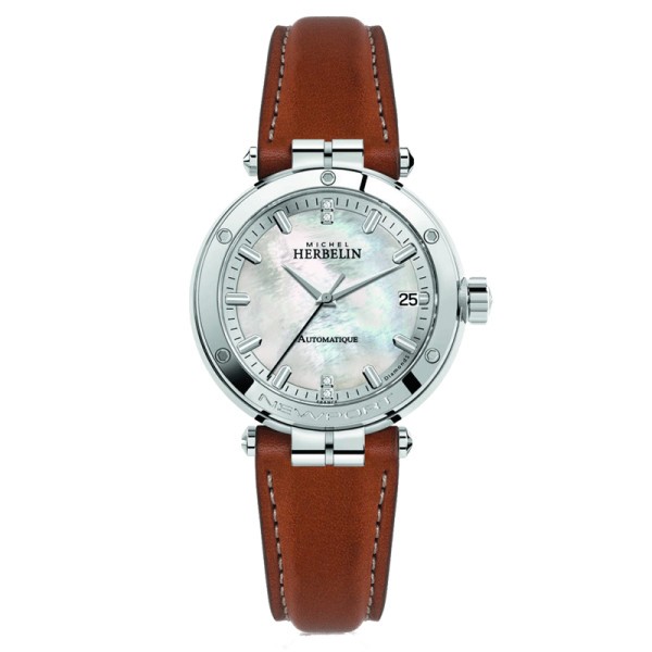 Montre Michel Herbelin Newport automatique cadran nacre bracelet cuir brun 35 mm