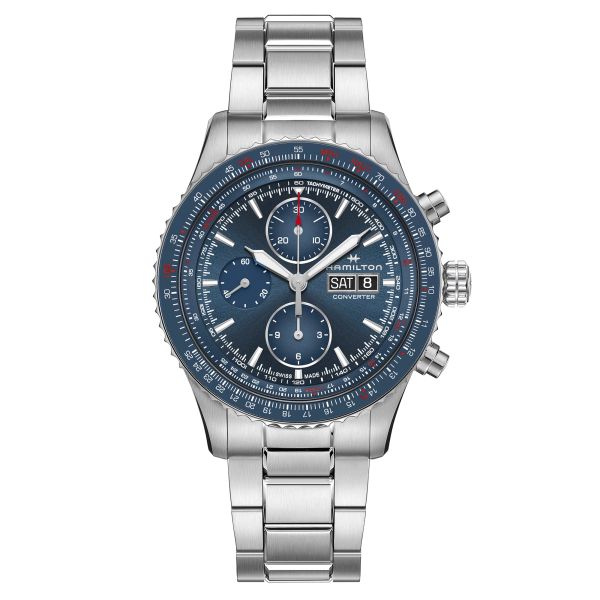 Montre Hamilton Khaki Aviation Converter Chrono automatique cadran bleu bracelet acier 44 mm H76746140