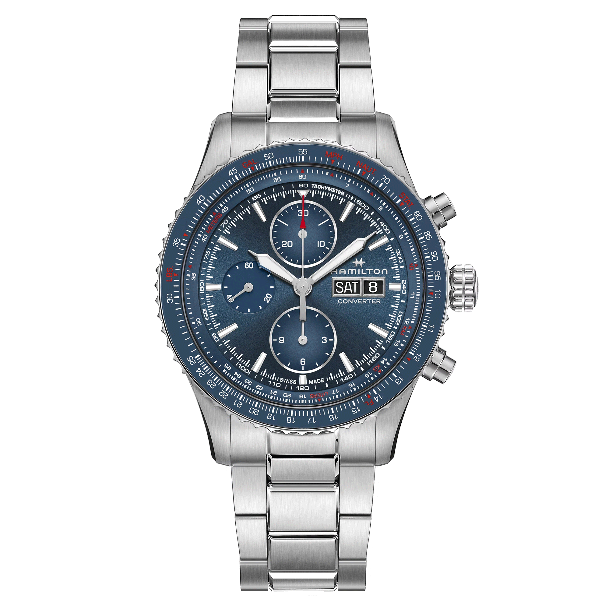 Montre Hamilton Khaki Aviation Converter Chrono automatique cadran bleu bracelet acier 44 mm H76746140
