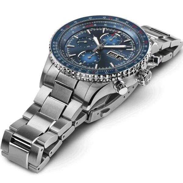 Montre Hamilton Khaki Aviation Converter Chrono automatique cadran bleu bracelet acier 44 mm H76746140