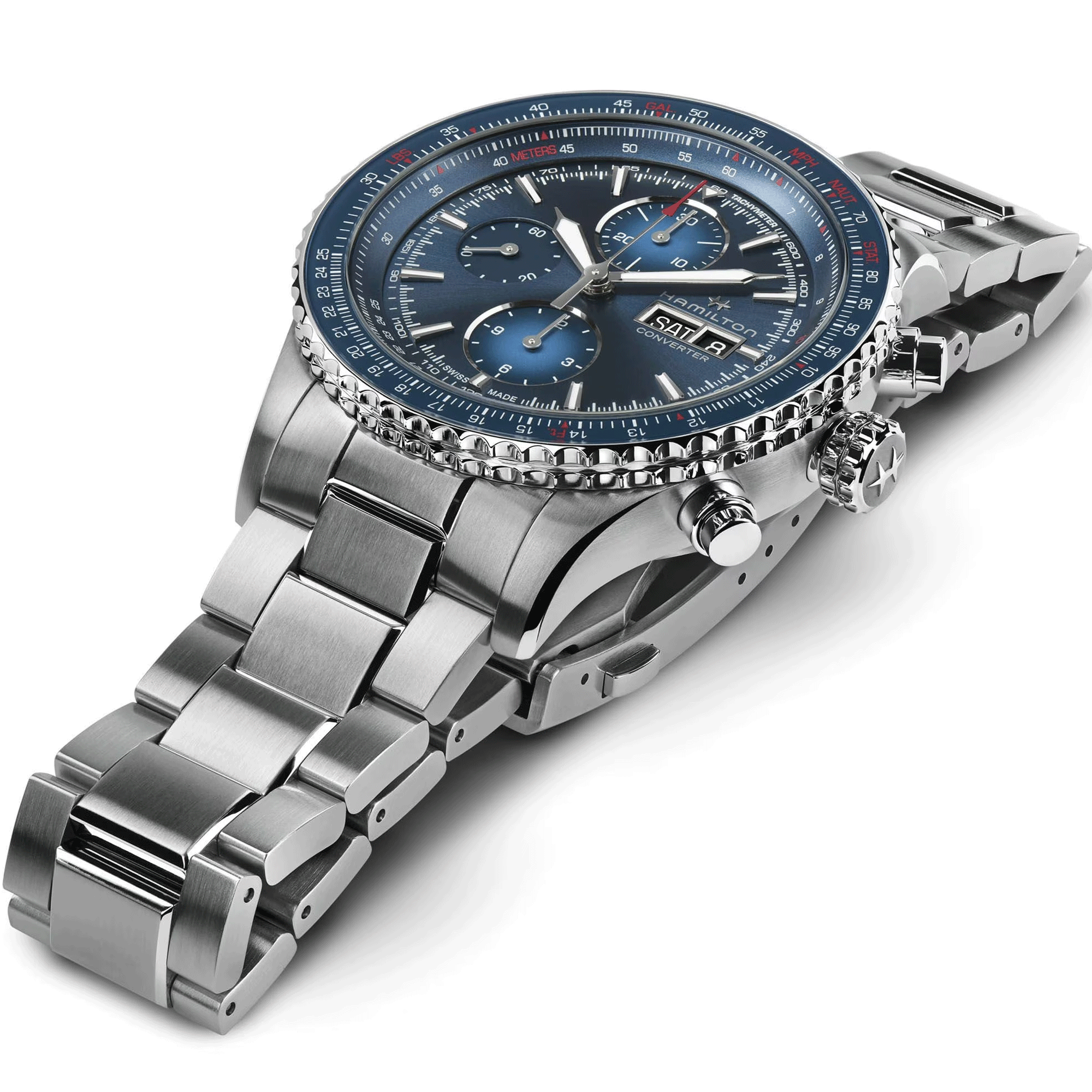 Montre Hamilton Khaki Aviation Converter Chrono automatique cadran bleu bracelet acier 44 mm H76746140