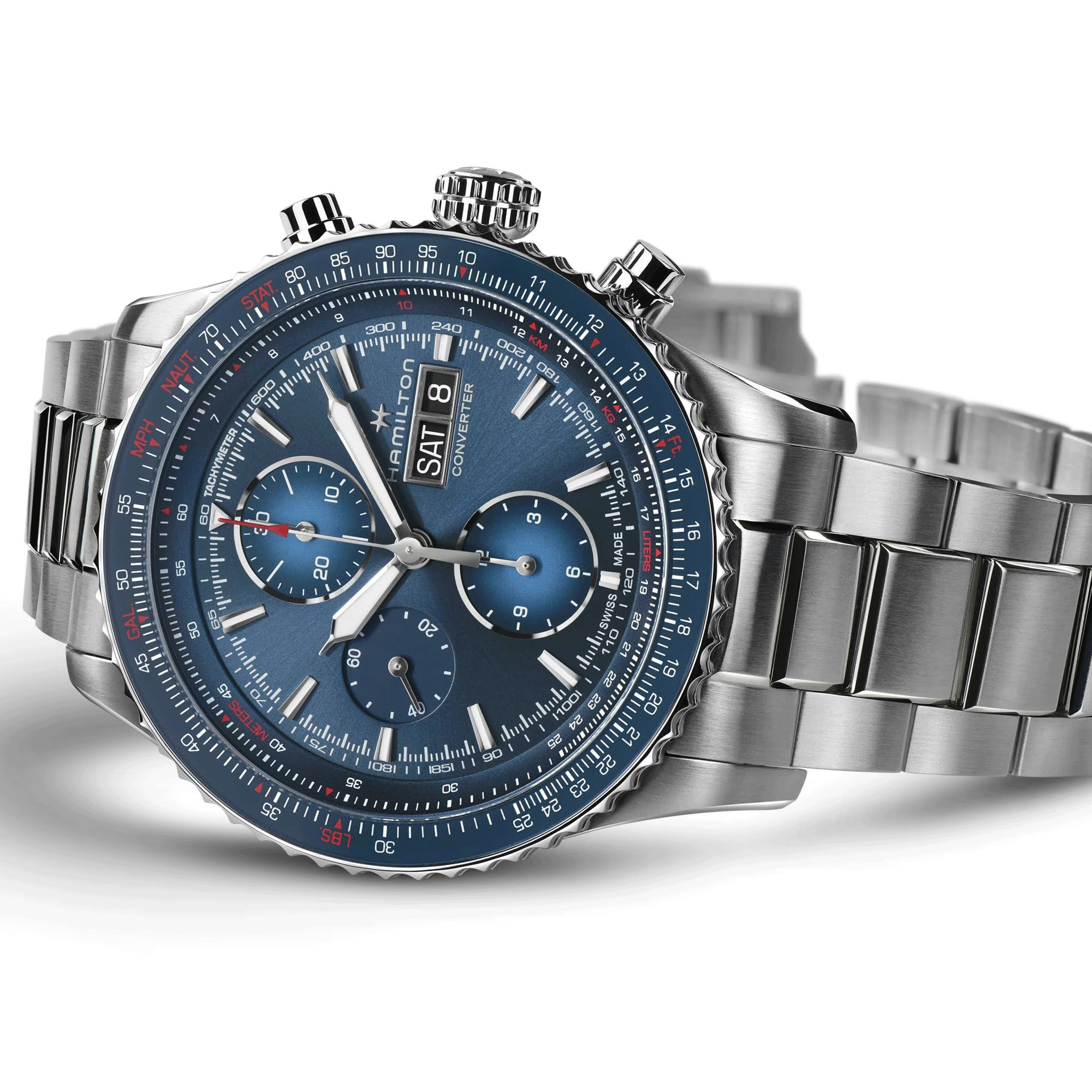 Montre Hamilton Khaki Aviation Converter Chrono automatique cadran bleu bracelet acier 44 mm H76746140