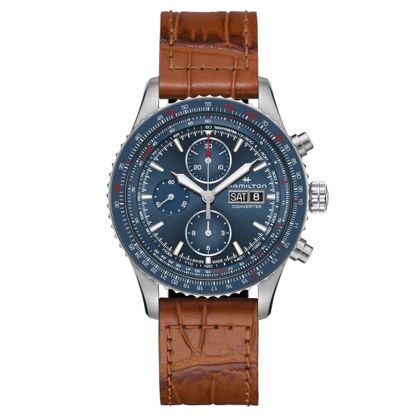 Montre Hamilton Khaki Aviation Converter Chrono automatique cadran bleu bracelet cuir brun 44 mm H76746540