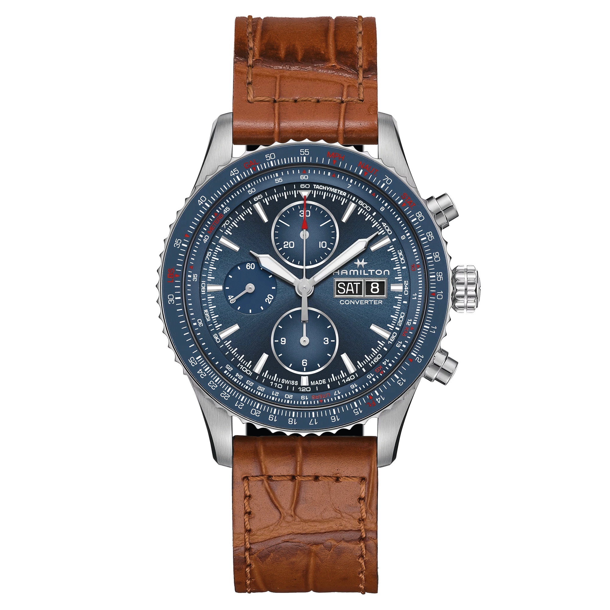 Montre Hamilton Khaki Aviation Converter Chrono automatique cadran bleu bracelet cuir brun 44 mm H76746540