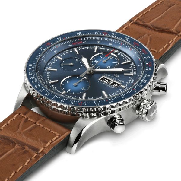 Montre Hamilton Khaki Aviation Converter Chrono automatique cadran bleu bracelet cuir brun 44 mm H76746540
