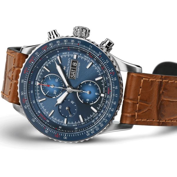 Hamilton Khaki Aviation Converter Chrono automatic watch blue dial brown leather strap 44 mm H76746540
