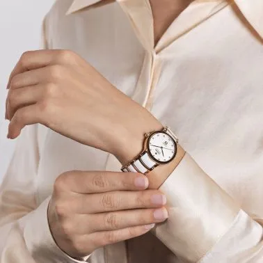 Montre Rado Centrix Diamonds automatique index diamants cadran argent bracelet céramique blanche et rose 30,5 mm R30019744