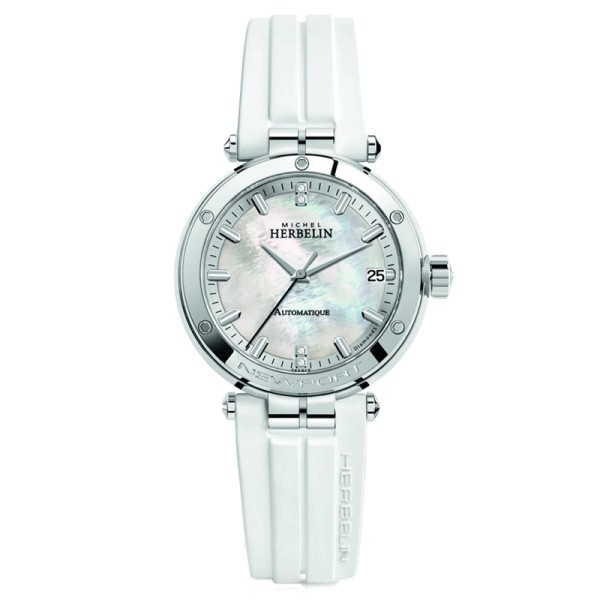 Montre Michel Herbelin Newport automatique cadran nacre bracelet caoutchouc blanc 35 mm