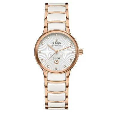 Montre Rado Centrix Diamonds automatique index diamants cadran argent bracelet céramique blanche et rose 30,5 mm R30019744