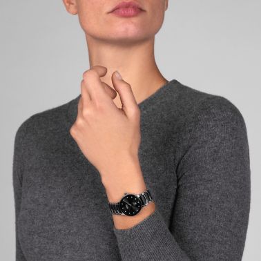 Montre Rado Centrix Diamonds automatique index diamants cadran noir bracelet céramique noire et grise 30,5 mm R30020742