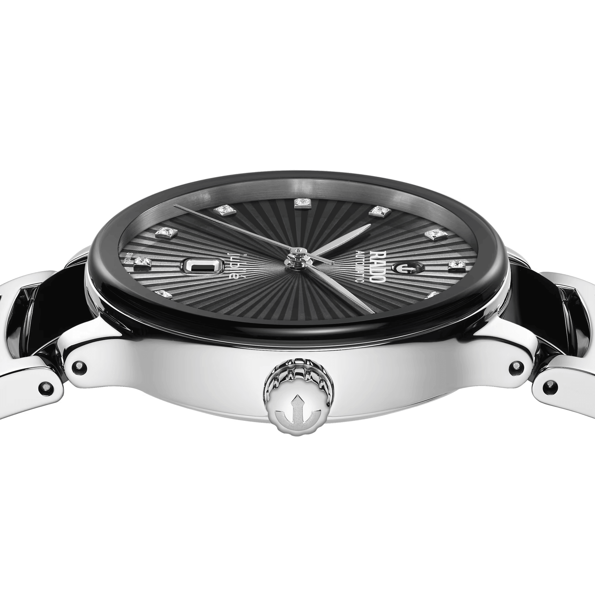 Rado Centrix Diamonds automatic watch with diamond markers black dial steel and ceramic bracelet 30,5 mm R30020742