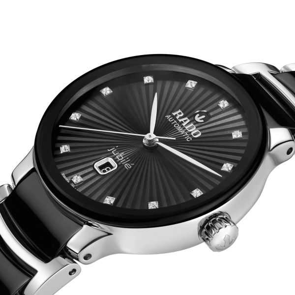 Rado Centrix Diamonds automatic watch with diamond markers black dial steel and ceramic bracelet 30,5 mm R30020742