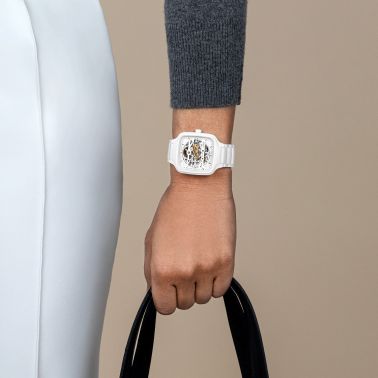 Montre Rado True Square Skeleton automatique cadran squelette bracelet céramique blanche 38 mm R27126012