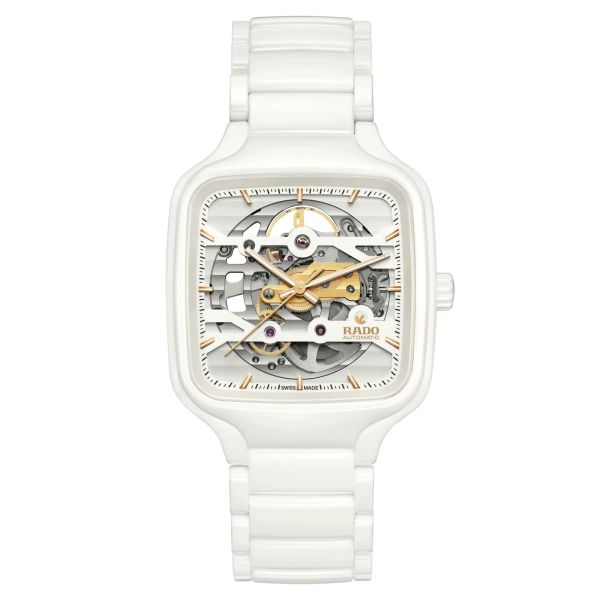 Montre Rado True Square Skeleton automatique cadran squelette bracelet céramique blanche 38 mm R27126012