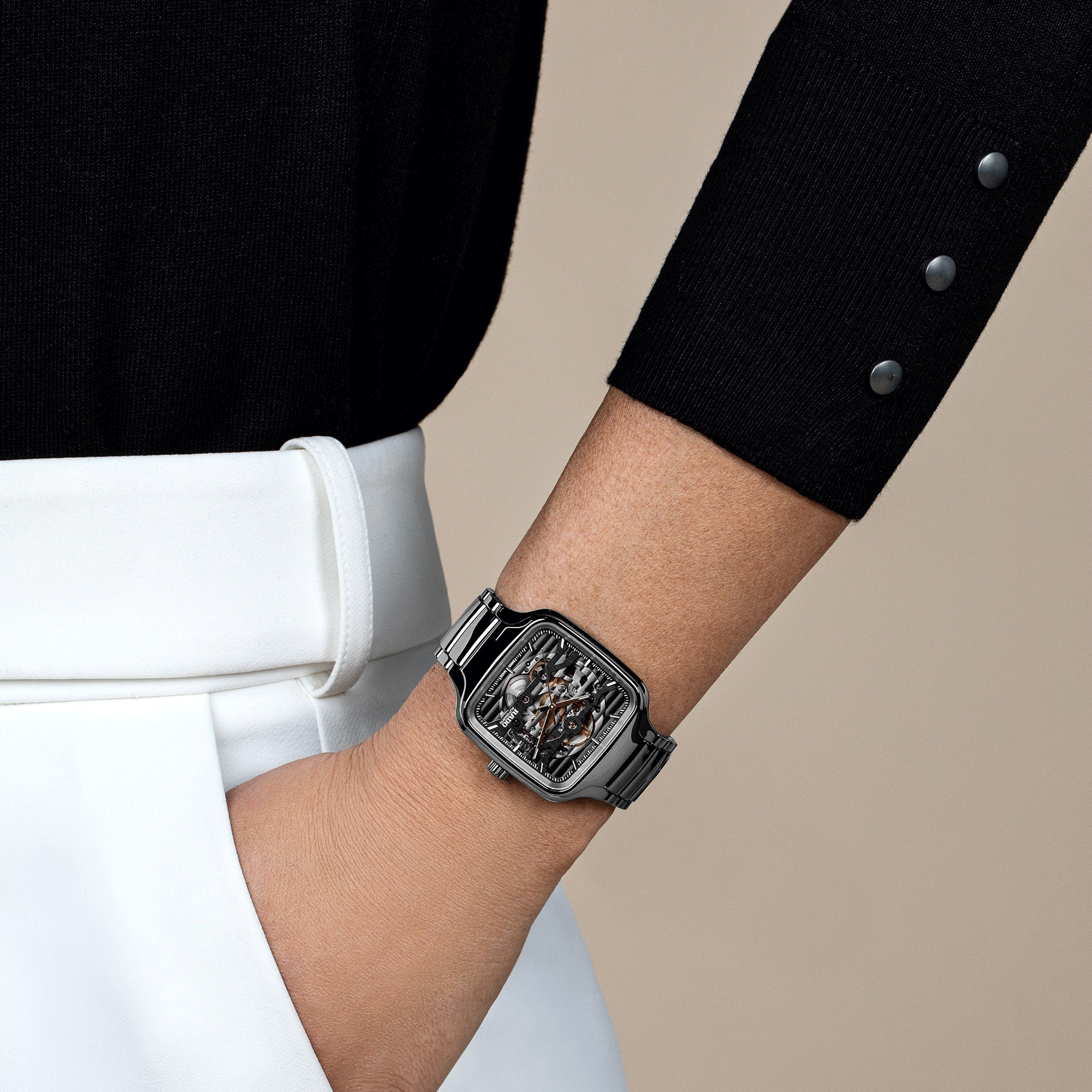 Rado True Square Skeleton automatic watch with skeleton dial and grey ceramic bracelet 38 mm