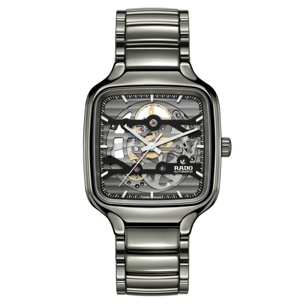 Rado True Square Skeleton automatic watch with skeleton dial and grey ceramic bracelet 38 mm