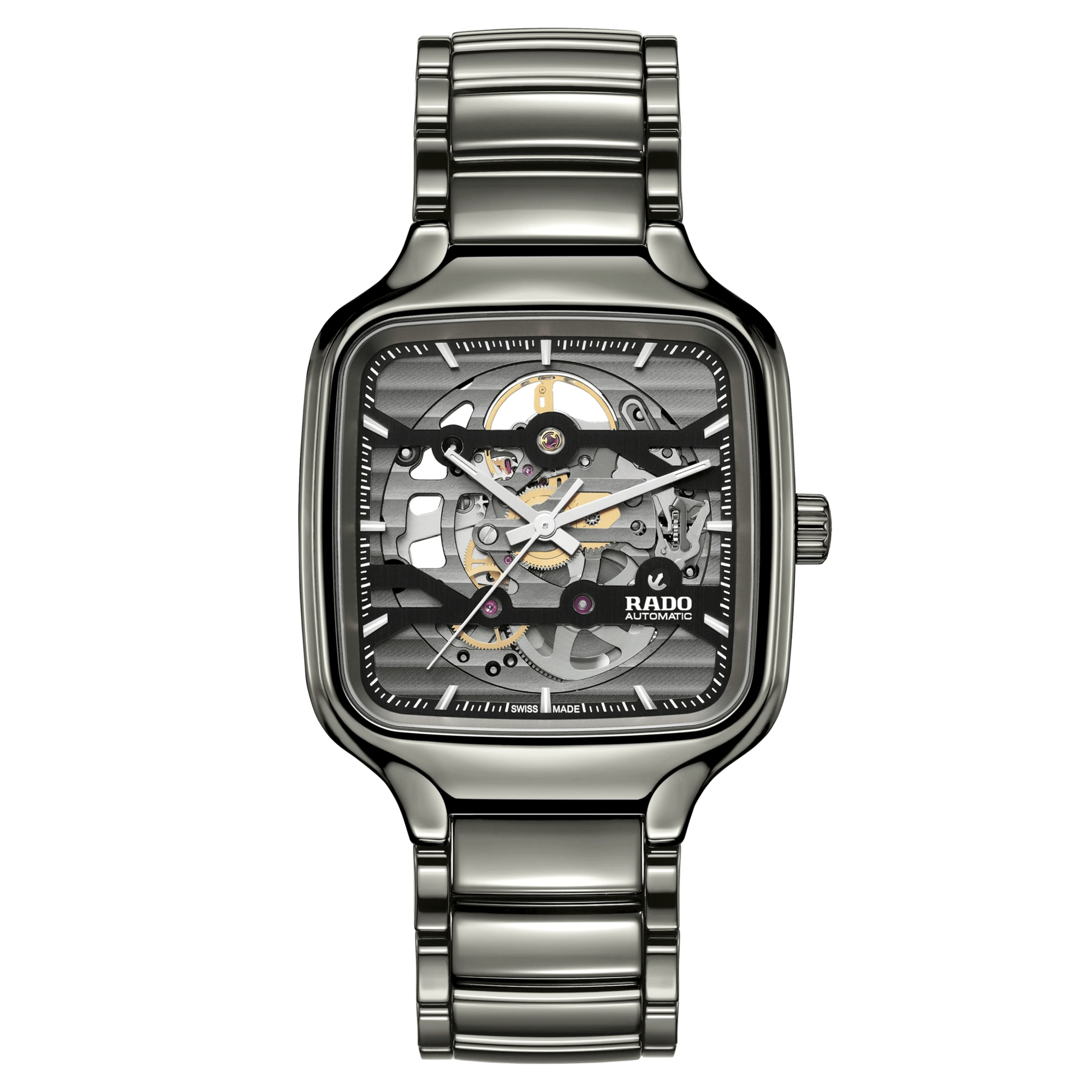 Rado True Square Skeleton automatic watch with skeleton dial and grey ceramic bracelet 38 mm