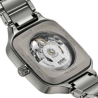 Rado True Square Skeleton automatic watch with skeleton dial and grey ceramic bracelet 38 mm