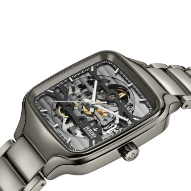 Rado True Square Skeleton automatic watch with skeleton dial and grey ceramic bracelet 38 mm