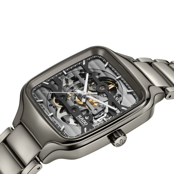 Rado True Square Skeleton automatic watch with skeleton dial and grey ceramic bracelet 38 mm