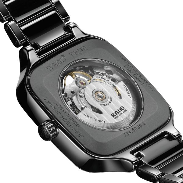 Montre Rado True Square Skeleton automatique cadran squelette bracelet céramique noire 38 mm R27124162