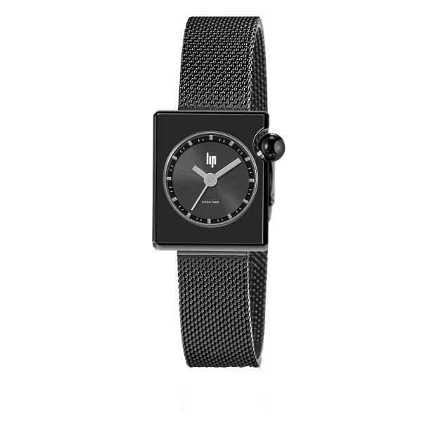 Lip Mach 2000 Mini Square quartz black dial Milanese mesh bracelet