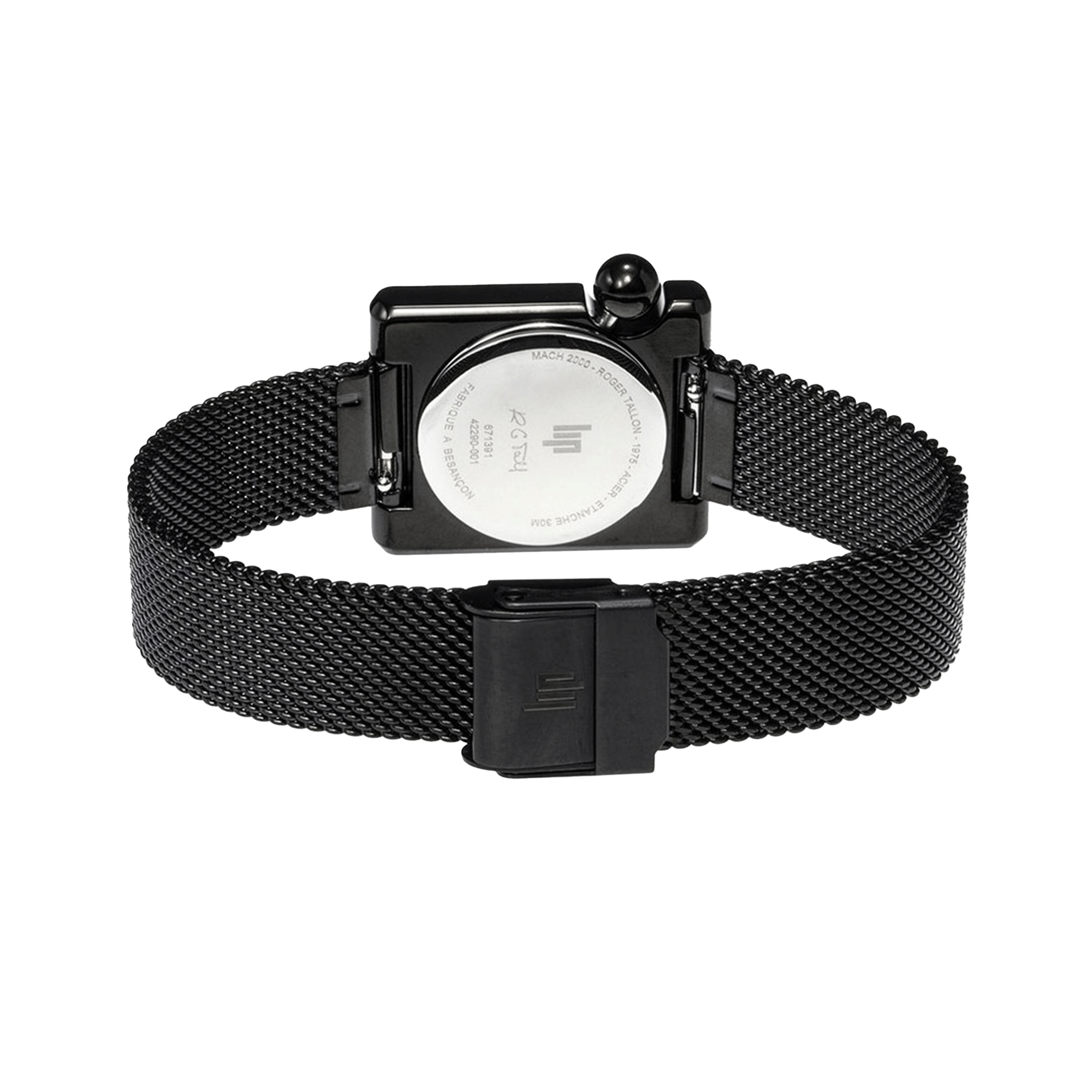 Montre Lip Mach 2000 Mini Square quartz cadran noir bracelet maille milanaise