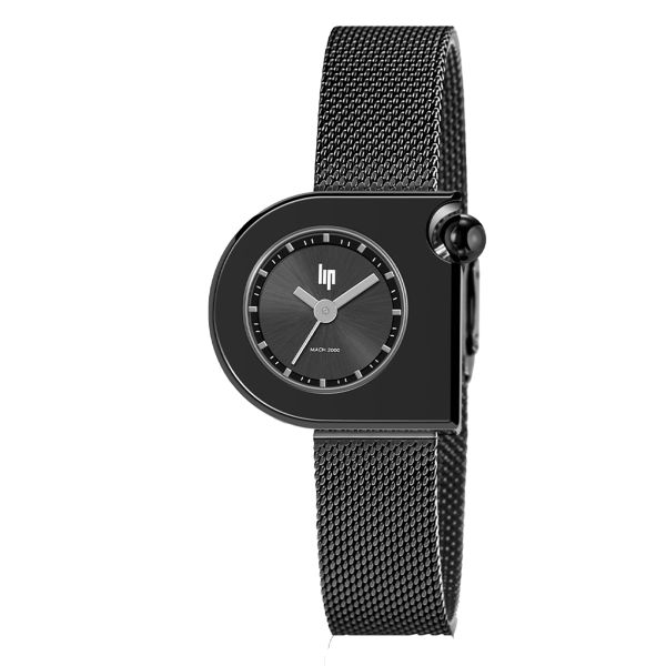 Lip Mach 2000 Mini Moon quartz black dial Milanese mesh bracelet