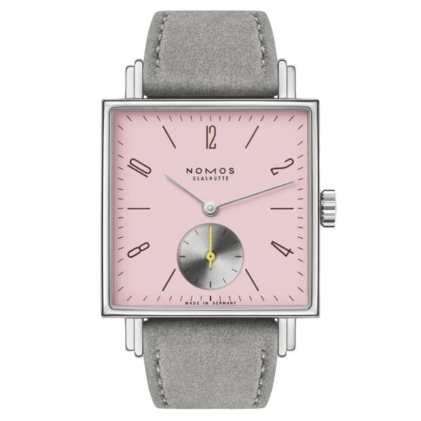 Montre Nomos Tetra Die Kapriziöse mécanique fond acier inoxydable cadran rose bracelet velours gris 29,5 mm 426