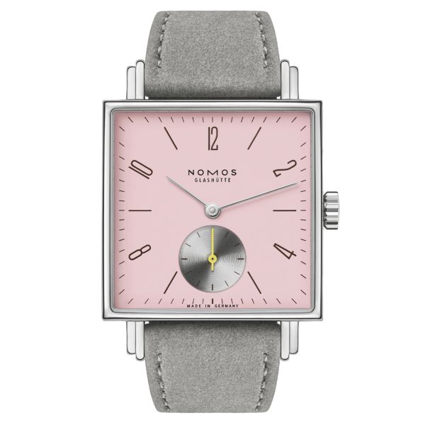 Nomos Tetra Die Kapriziöse watch mechanical stainless steel back pink dial grey velvet strap 29,5 mm 426