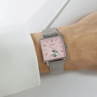 Montre Nomos Tetra Die Kapriziöse mécanique fond acier inoxydable cadran rose bracelet velours gris 29,5 mm 426