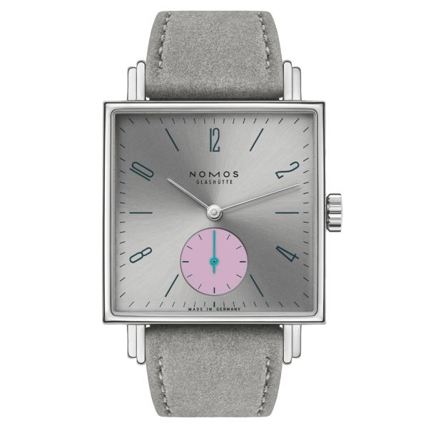 Nomos Tetra Die Kapriziöse watch mechanical stainless steel back silver dial grey velvet strap 29,5 mm 427